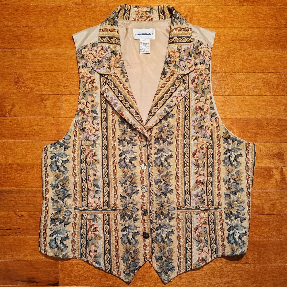 Vintage Suburbans Floral Tapestry Vest Collared Button Down Cottagecore Size 12